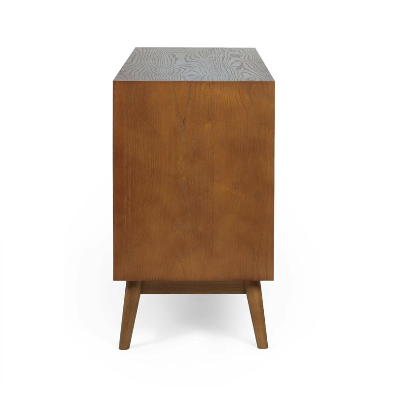 Wooden side table with a patterned top on a white background