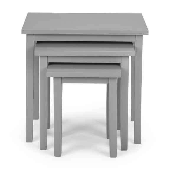 Set of three gray nesting tables on a white background