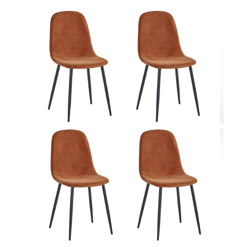 Four brown chairs with black legs on a white background