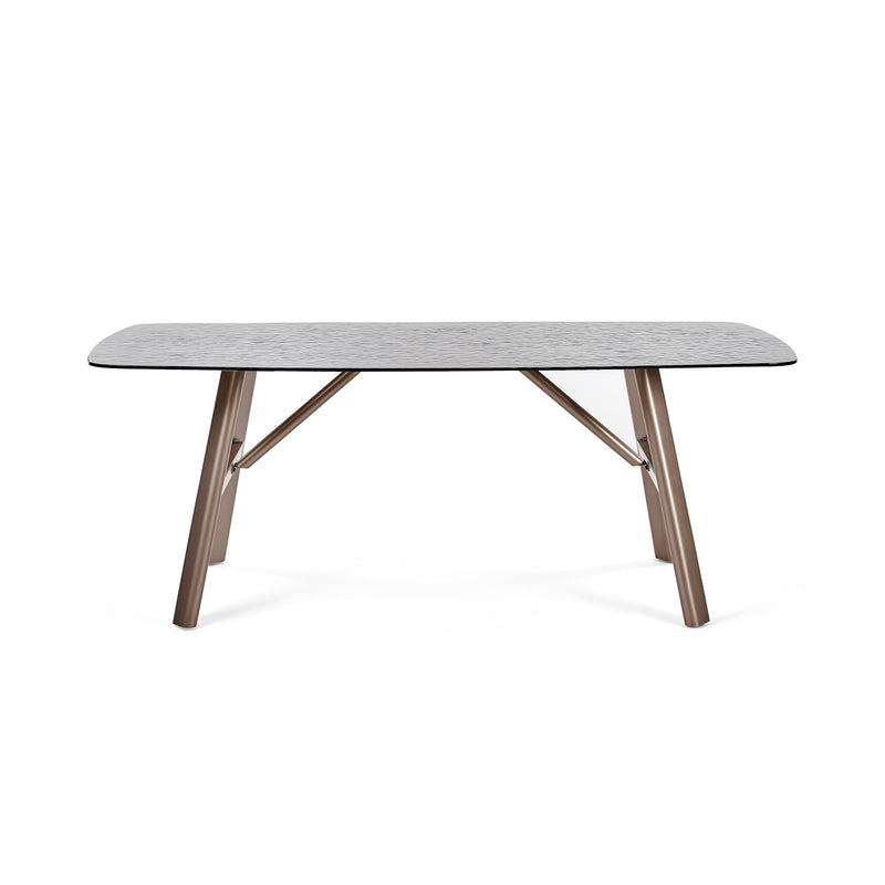 Rectangular dining table with a gray top and wooden legs on a white background