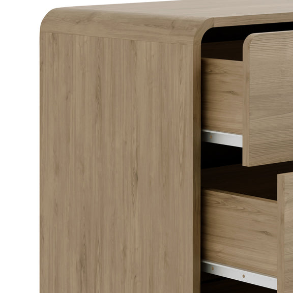 Wooden drawer unit with open drawer on a white background