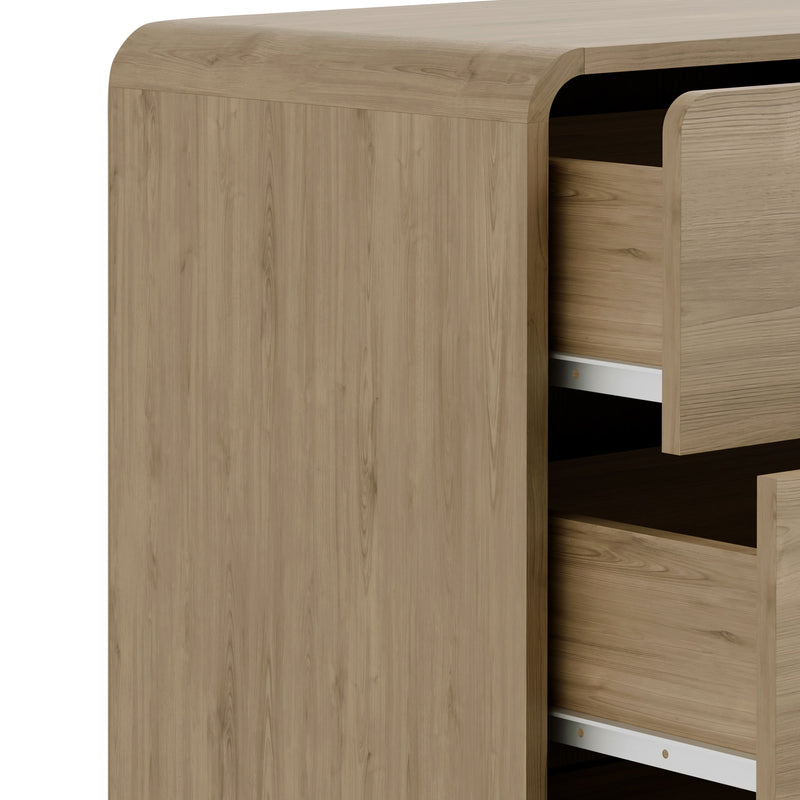 Wooden drawer unit with open drawer on a white background