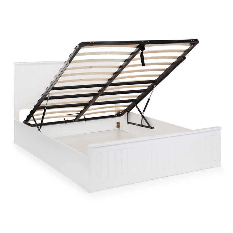 White bed frame with wooden slats on a white background