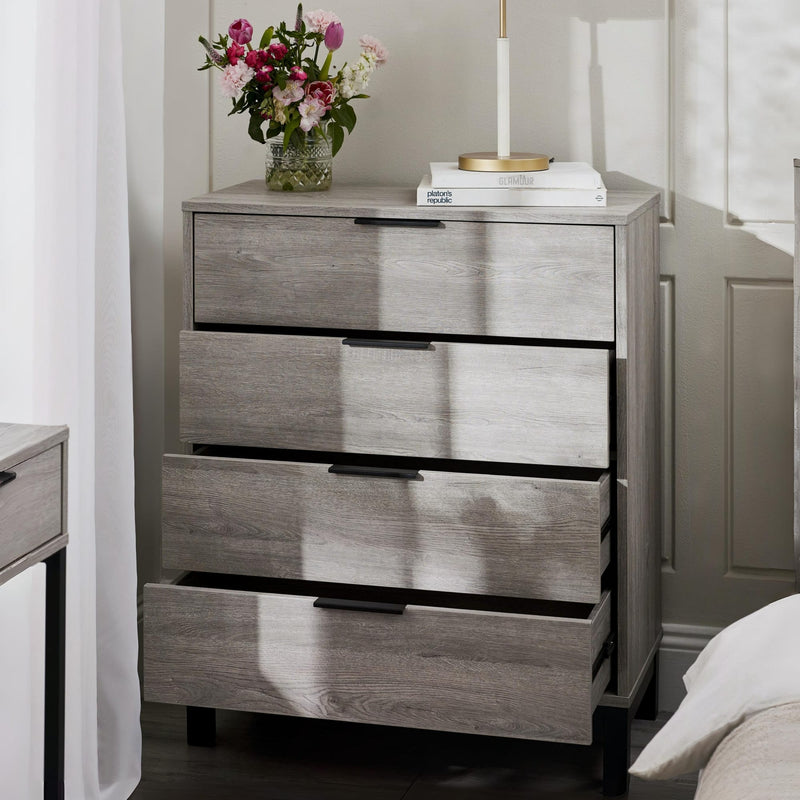 Gray dresser with three drawers in a bedroom setting.