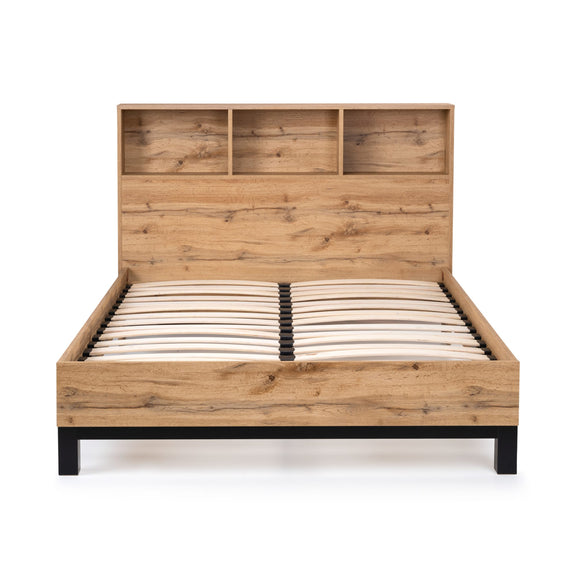 Wooden bed with bookshelves on a white background