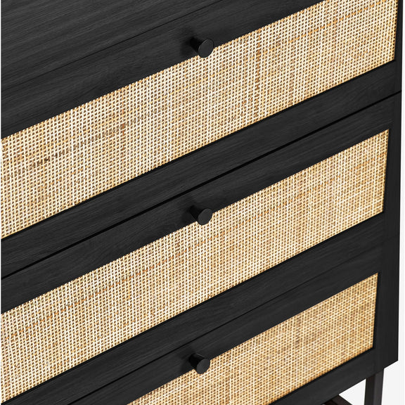Black dresser with woven design on drawers