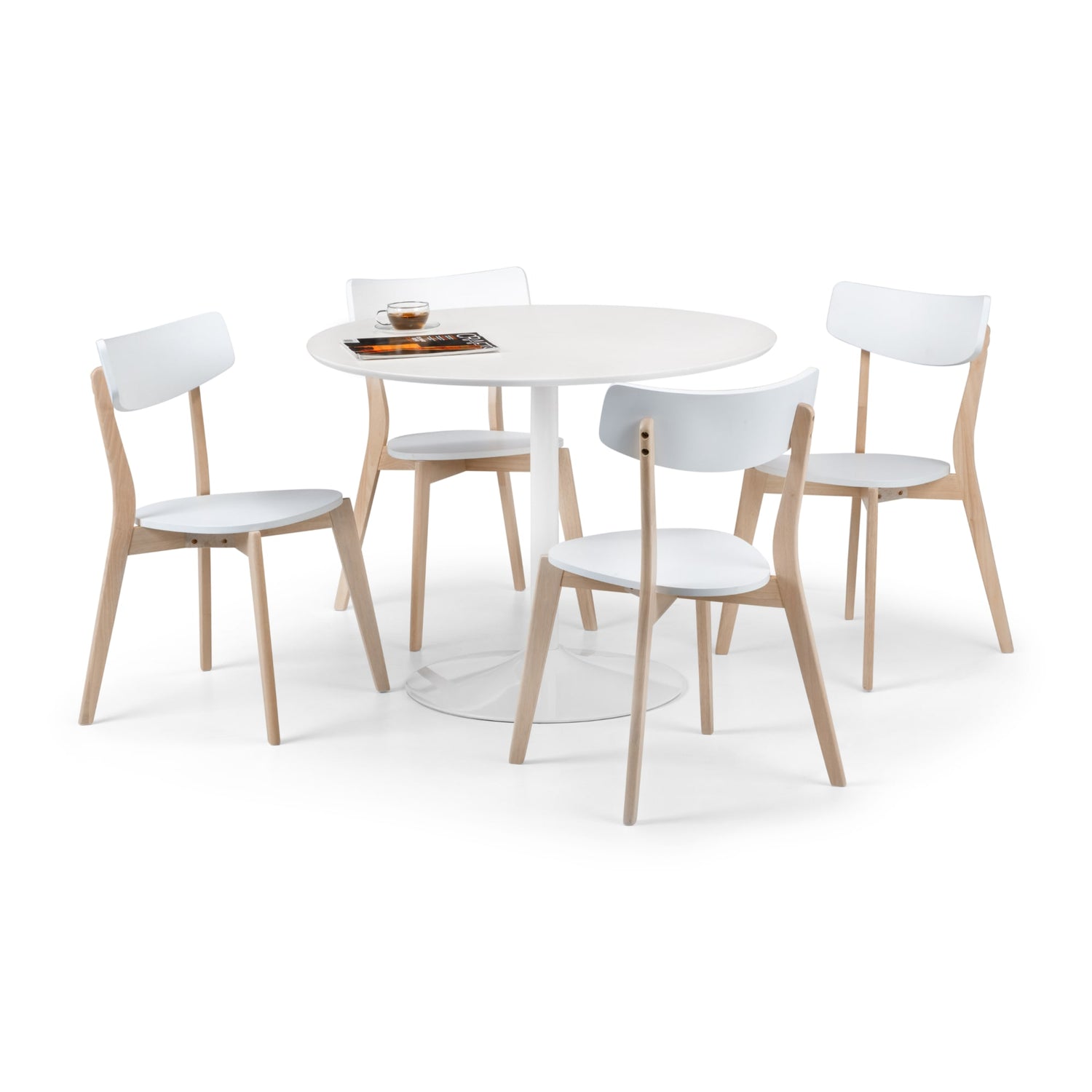 Round white table with four matching chairs on a white background