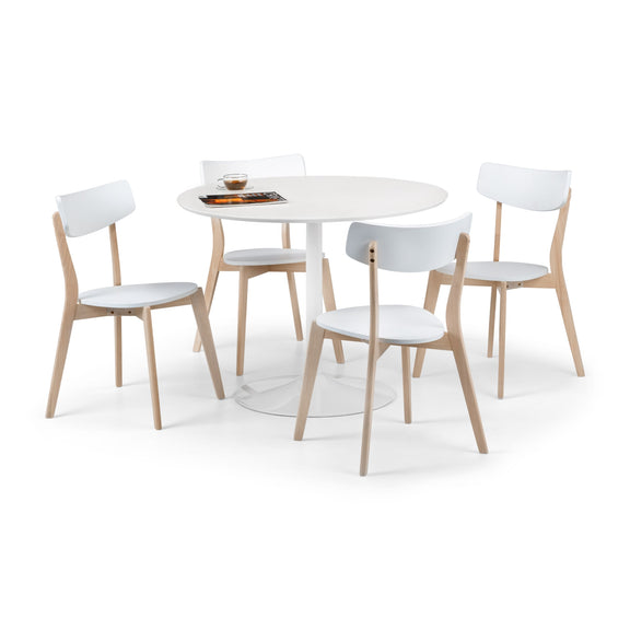 Round white table with four matching chairs on a white background