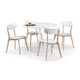 Round white table with four matching chairs on a white background