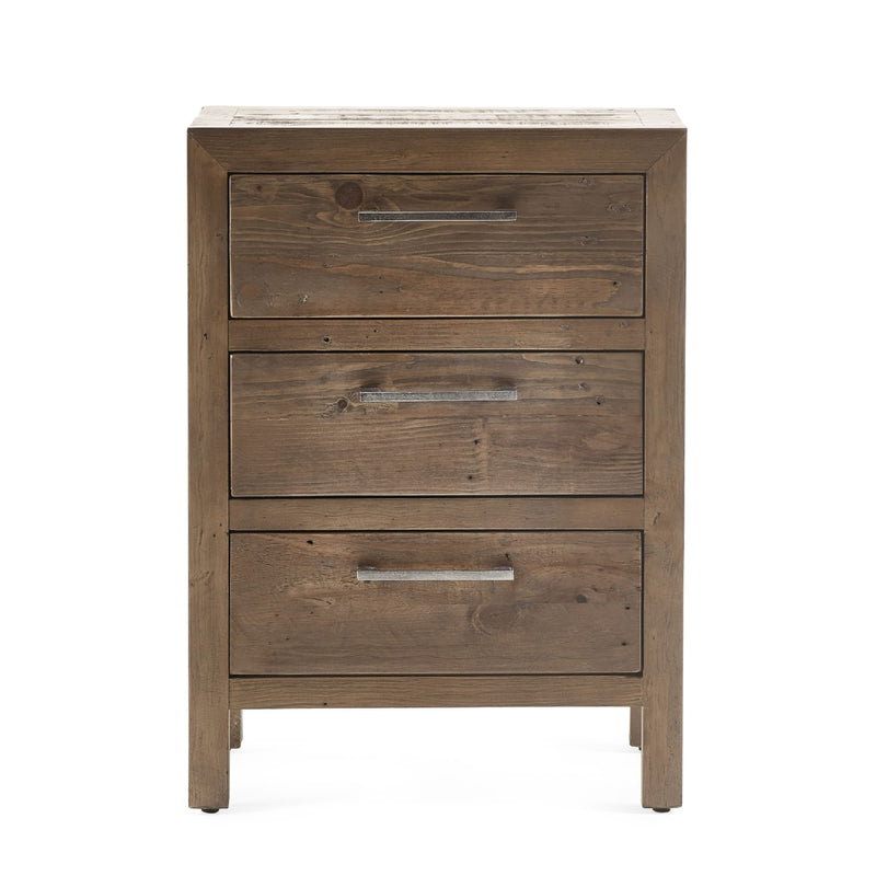 Wooden dresser with three drawers on a white background