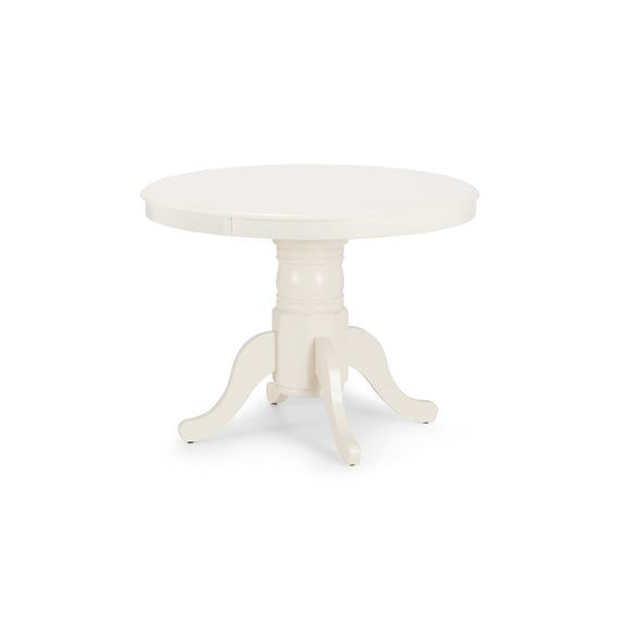 Round white table with a pedestal base on a white background