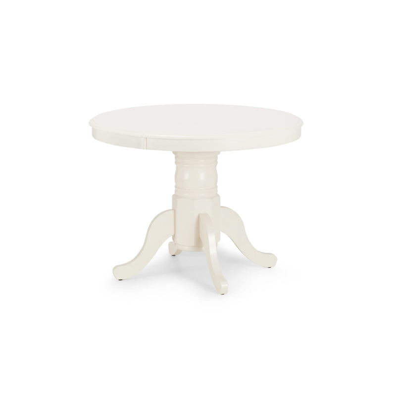Round white table with a pedestal base on a white background
