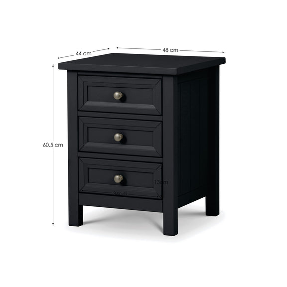 Black nightstand with dimensions on a white background