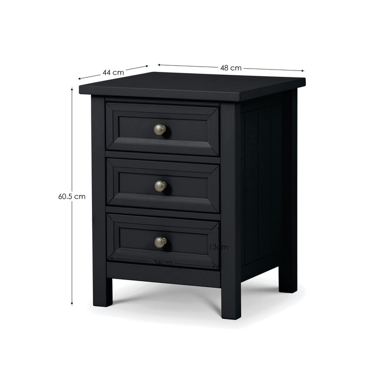 Black nightstand with dimensions on a white background