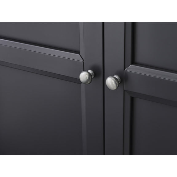 Close-up of a dark gray cabinet with silver handles on a white background