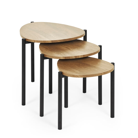 Set of three wooden nesting tables with black metal legs on a white background