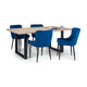 Dining table with four blue chairs on a white background