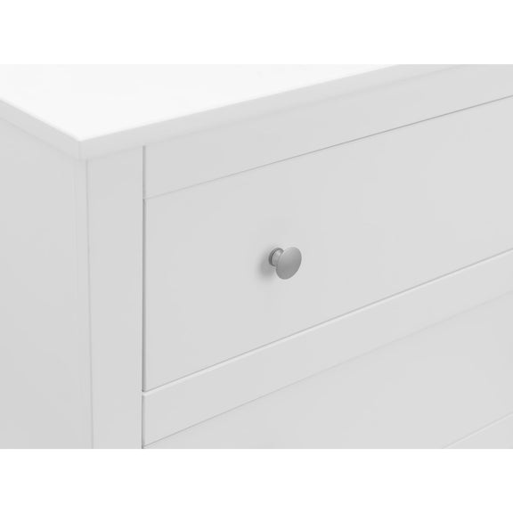 Close-up of a white cabinet with a silver handle on a white background