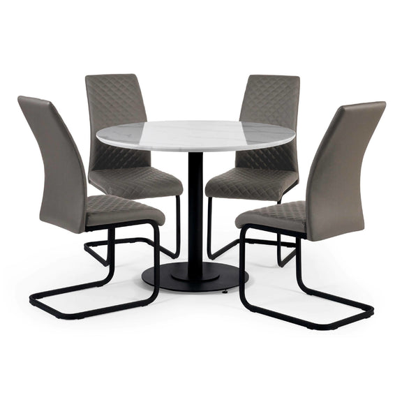 Dining table set with four gray chairs on a white background
