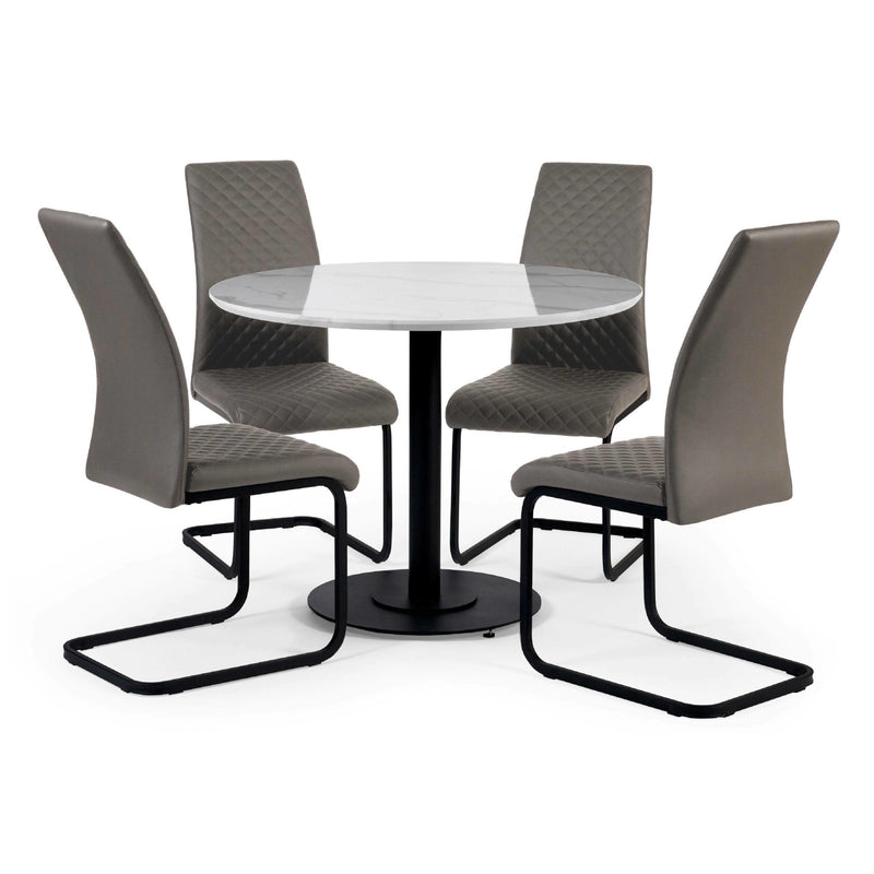 Dining table set with four gray chairs on a white background