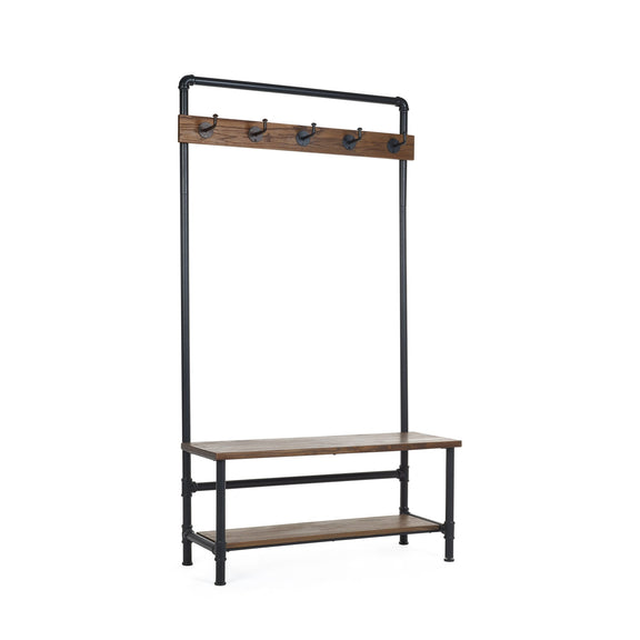 Wooden bench with coat rack on a white background