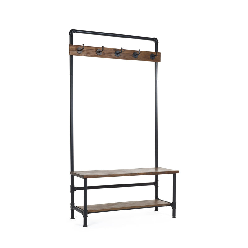 Wooden bench with coat rack on a white background