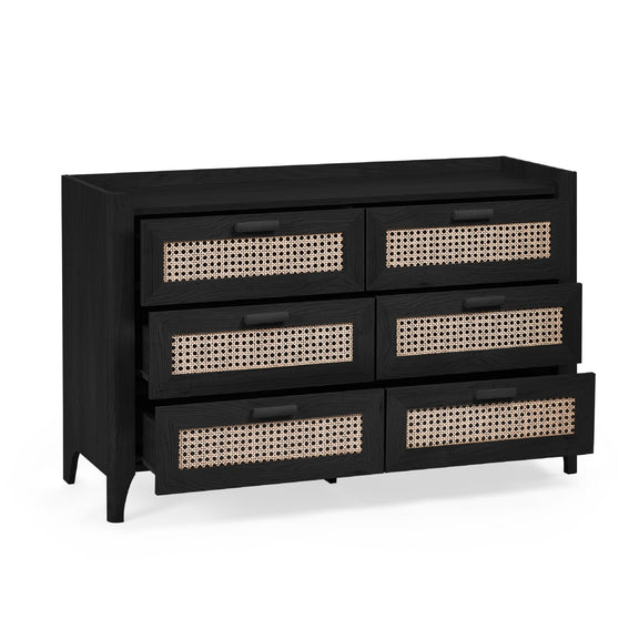 Black wooden 6 drawer chest with drawers open showing storage space