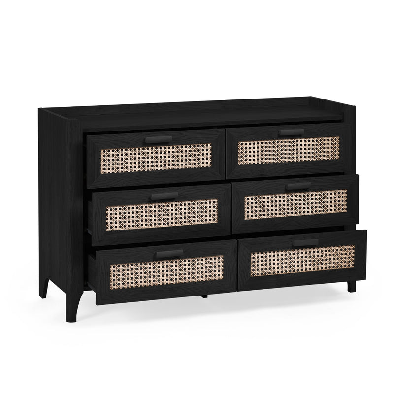 Black wooden 6 drawer chest with drawers open showing storage space