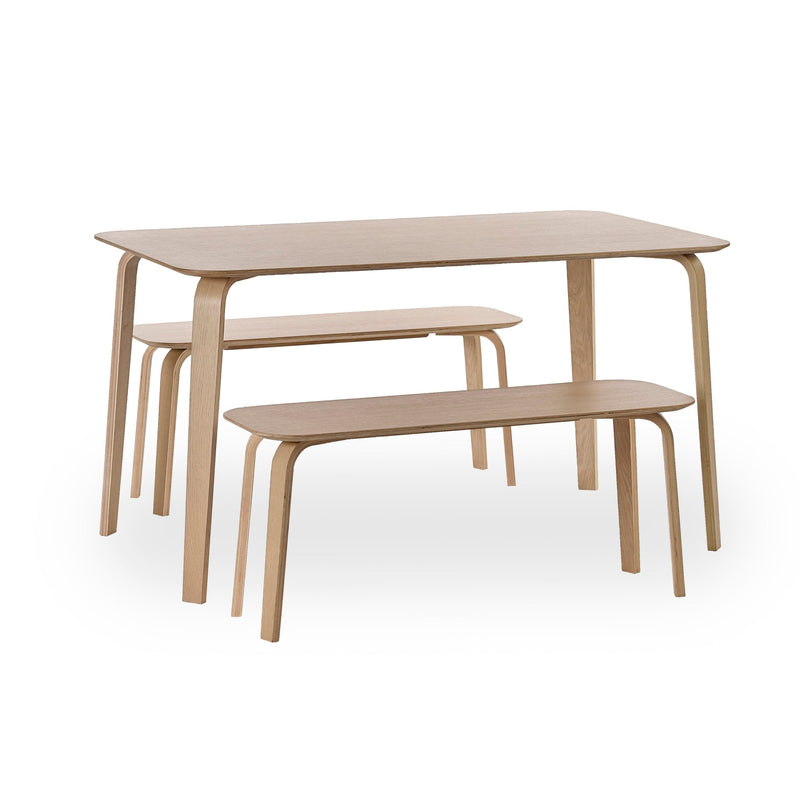 Set of wooden tables and benches on a white background