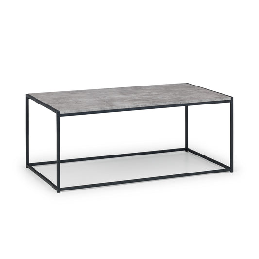 Coffee table with gray top and black metal frame on a white background
