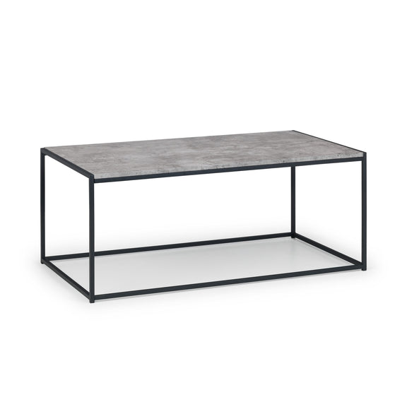Coffee table with gray top and black metal frame on a white background
