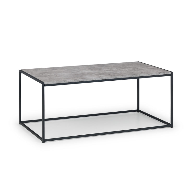 Coffee table with gray top and black metal frame on a white background