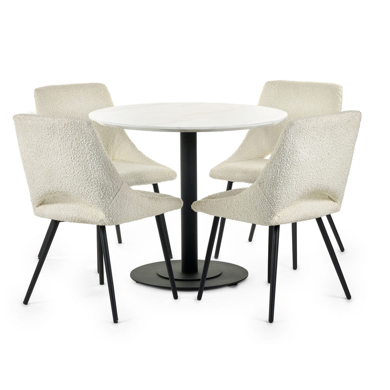 Round white table with four beige chairs on a white background
