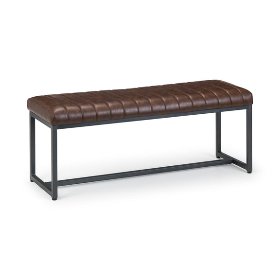 Brown leather bench with black metal frame on a white background