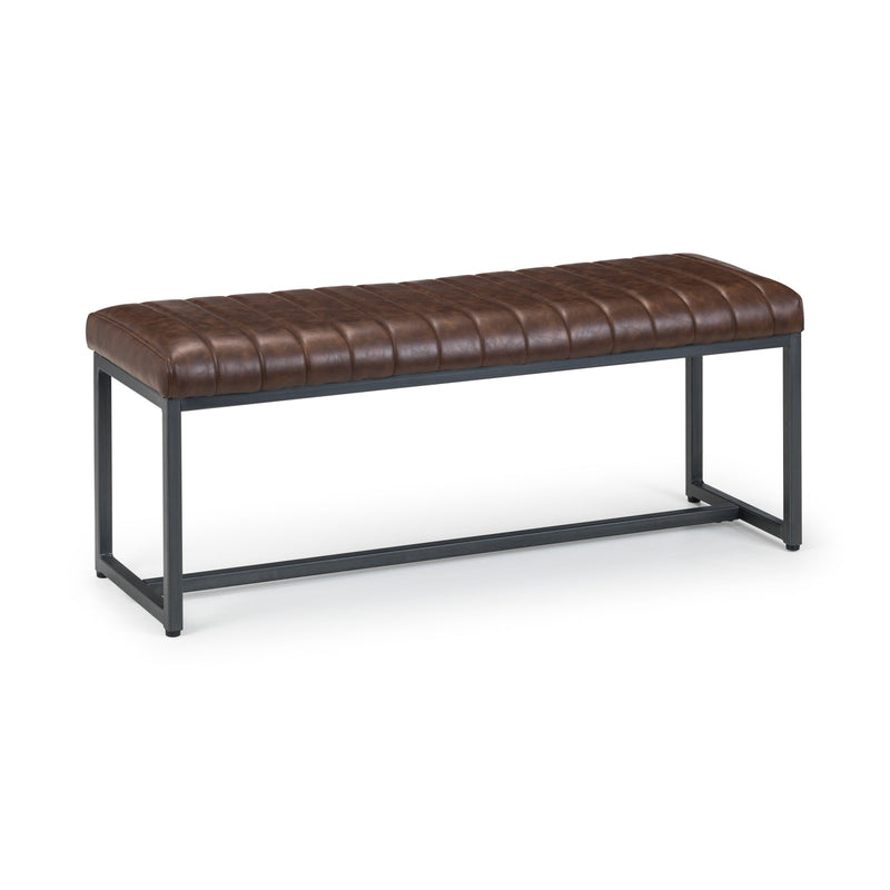 Brown leather bench with black metal frame on a white background