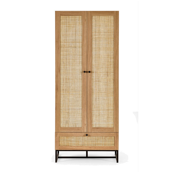 Wooden cabinet with rattan doors on a white background