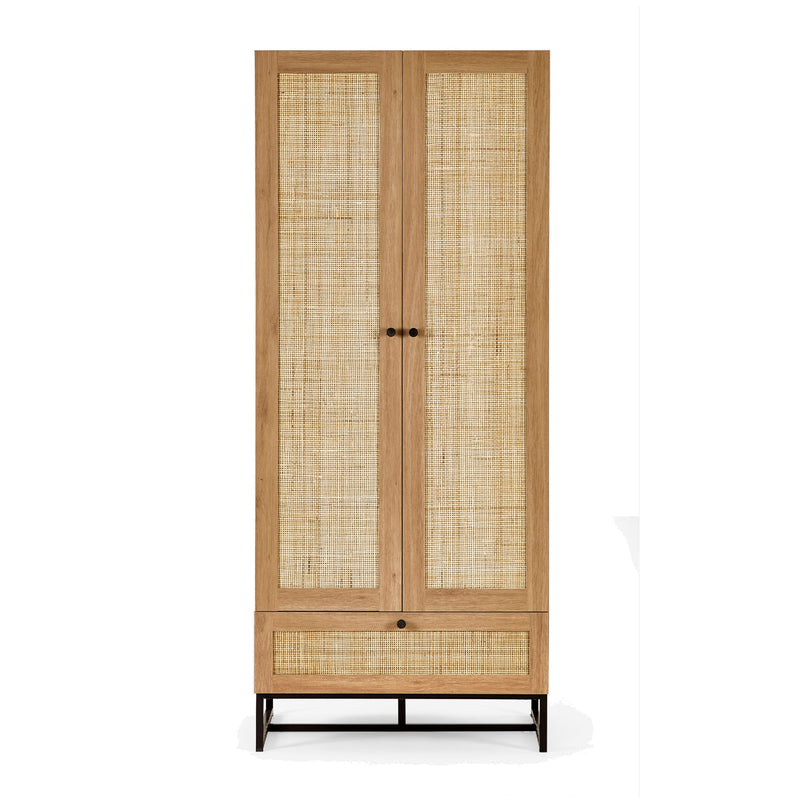 Wooden cabinet with rattan doors on a white background