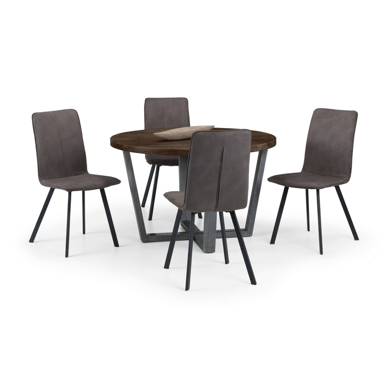 Dining set with round table and four chairs on a white background