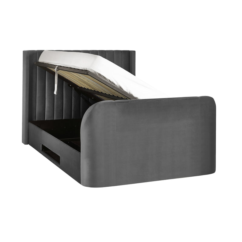 Gray upholstered bed with open storage compartment on a white background