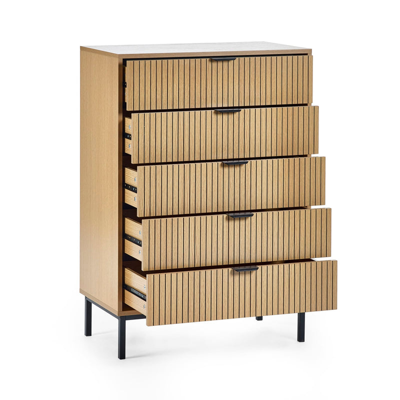 Wooden dresser with multiple drawers on a white background