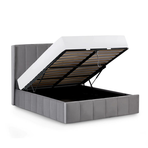 Gray upholstered bed with open headboard showing wooden slats on a white background
