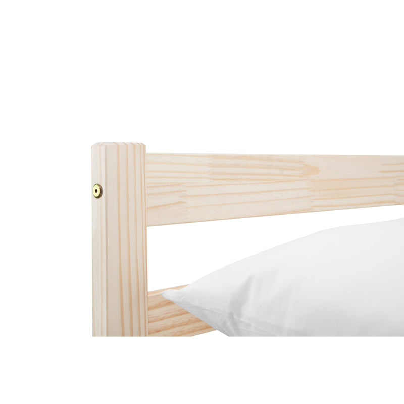 Wooden bed frame with a white pillow on a white background