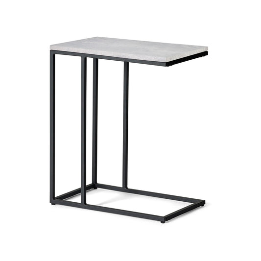Small side table with a marble top and black metal frame on a white background
