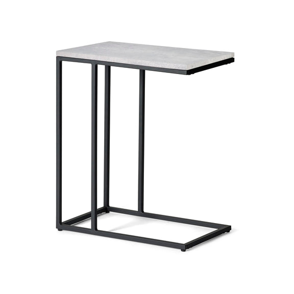 Small side table with a marble top and black metal frame on a white background