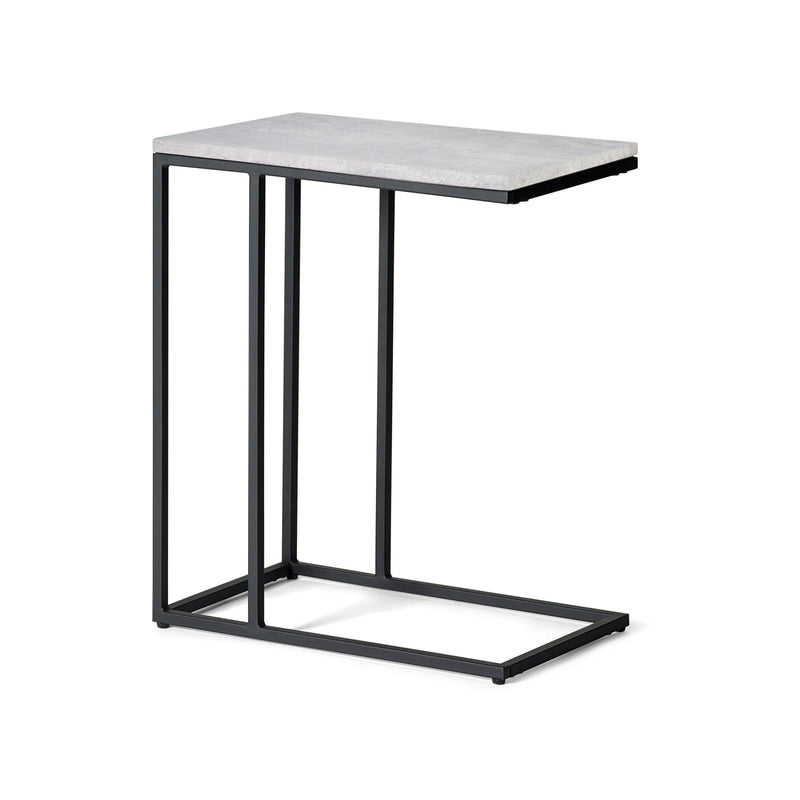 Small side table with a marble top and black metal frame on a white background