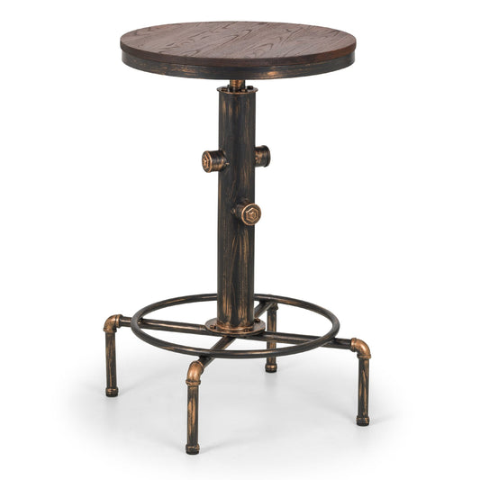 Round wooden table with metal base on a white background