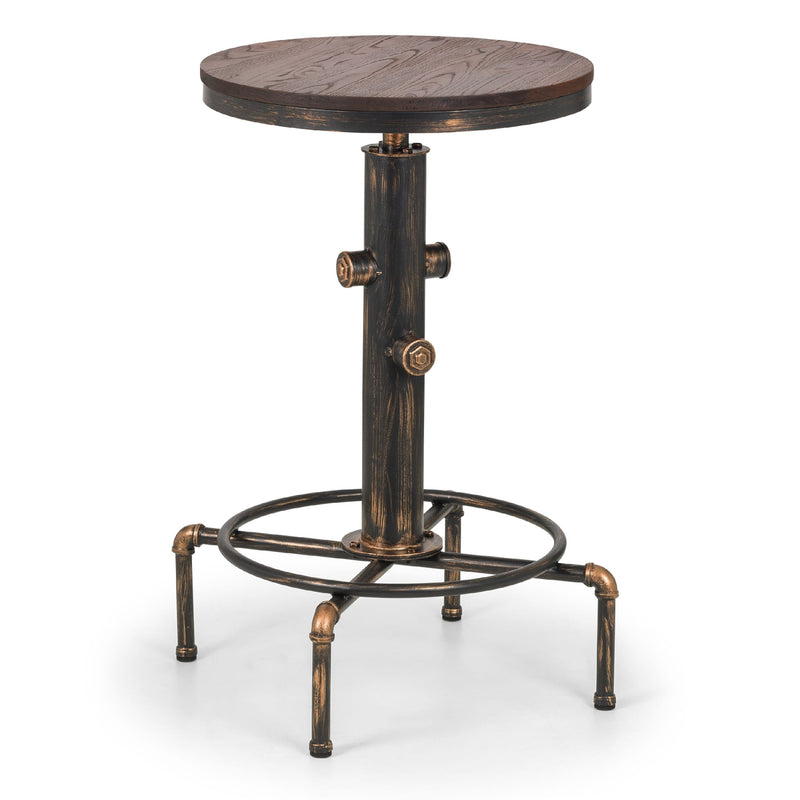 Round wooden table with metal base on a white background