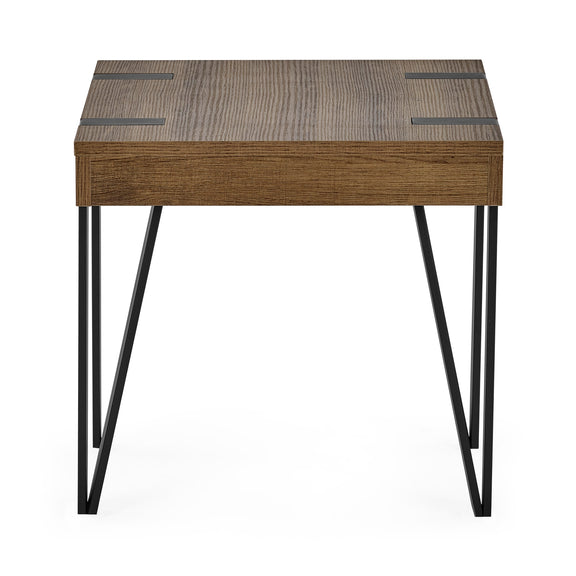 Wooden side table with black metal legs on a white background
