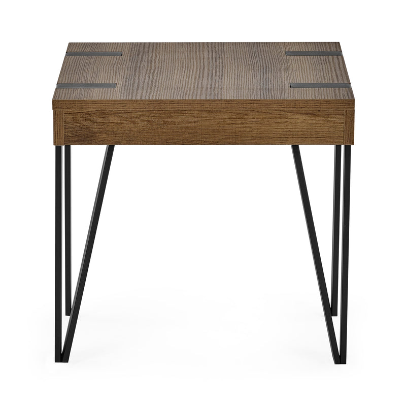 Wooden side table with black metal legs on a white background