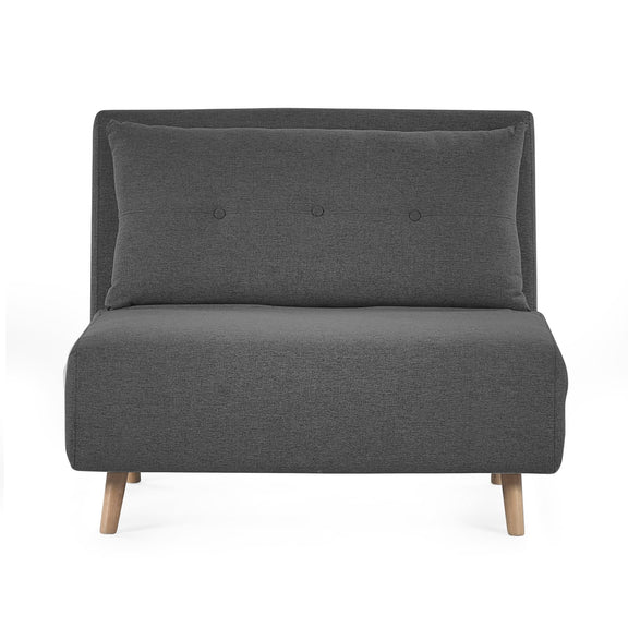 Gray upholstered chair with wooden legs on a white background